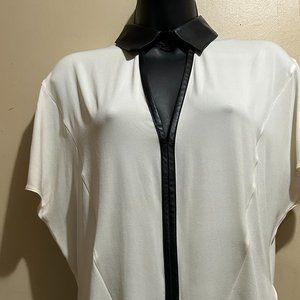 Robert Rodriguez Silk Top Ivory Black Leather Trim Collar Dolman Semi Sheer SZ 0